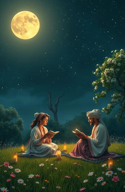 A tranquil moonlit night scene featuring a serene setting with three elegant poets sharing verses under a luminous sky filled with stars
