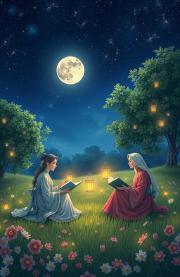 A tranquil moonlit night scene featuring a serene setting with three elegant poets sharing verses under a luminous sky filled with stars