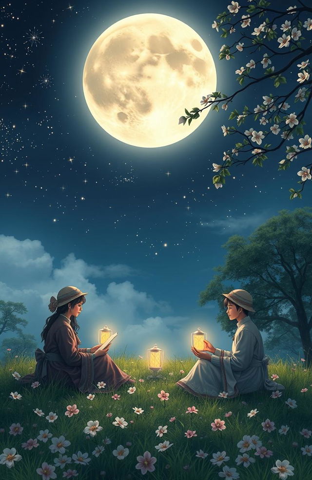 A tranquil moonlit night scene featuring a serene setting with three elegant poets sharing verses under a luminous sky filled with stars