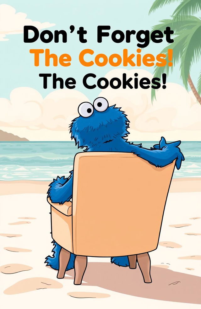 An outline illustration of the Cookie Monster with its head slightly poking over the back of a therapy chair, sitting in a therapy session on a picturesque beach