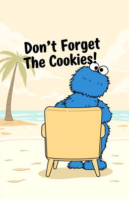 An outline illustration of the Cookie Monster with its head slightly poking over the back of a therapy chair, sitting in a therapy session on a picturesque beach