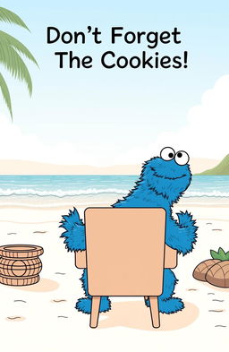 An outline illustration of the Cookie Monster with its head slightly poking over the back of a therapy chair, sitting in a therapy session on a picturesque beach