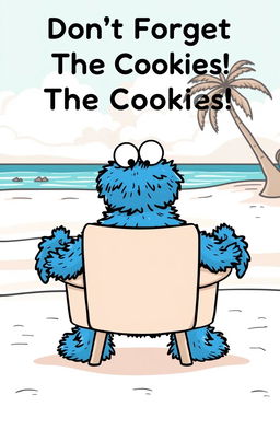 An outline illustration of the Cookie Monster with its head slightly poking over the back of a therapy chair, sitting in a therapy session on a picturesque beach