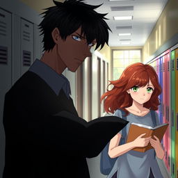 A school hallway scene shrouded in mystery, where a tall male figure with black hair and blue eyes observes a girl with wavy chestnut hair and bright green eyes as she walks by, engrossed in her books