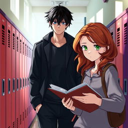 A school hallway scene shrouded in mystery, where a tall male figure with black hair and blue eyes observes a girl with wavy chestnut hair and bright green eyes as she walks by, engrossed in her books
