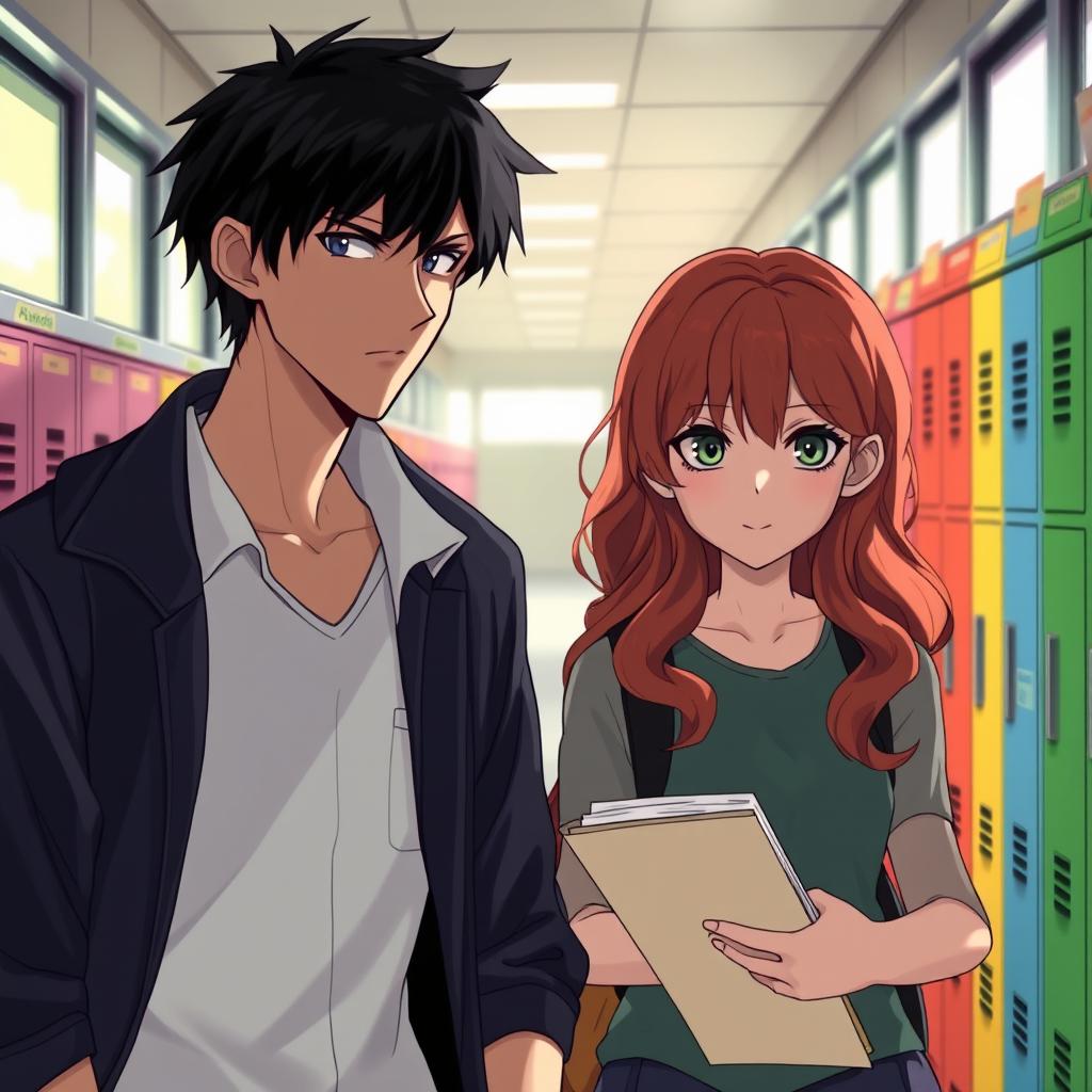 A school hallway scene shrouded in mystery, where a tall male figure with black hair and blue eyes observes a girl with wavy chestnut hair and bright green eyes as she walks by, engrossed in her books