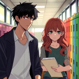 A school hallway scene shrouded in mystery, where a tall male figure with black hair and blue eyes observes a girl with wavy chestnut hair and bright green eyes as she walks by, engrossed in her books