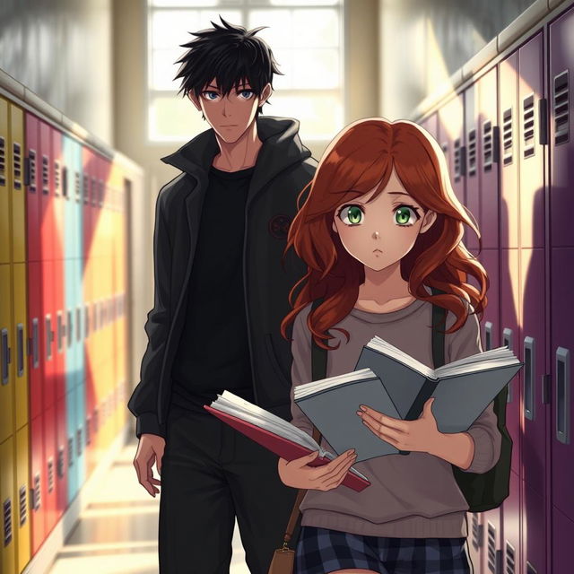 A school hallway scene shrouded in mystery, where a tall male figure with black hair and blue eyes observes a girl with wavy chestnut hair and bright green eyes as she walks by, engrossed in her books