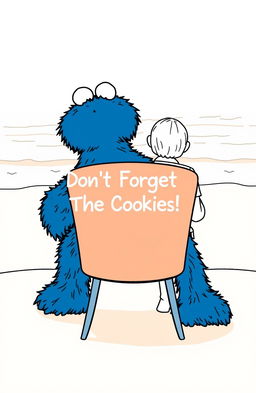 An outline illustration suitable for a book cover, depicting the Cookie Monster with its fluffy fur texture, seated and leaning slightly over a chair in a therapy session