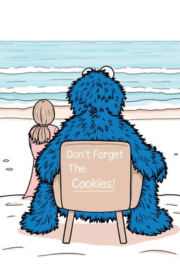 An outline illustration suitable for a book cover, depicting the Cookie Monster with its fluffy fur texture, seated and leaning slightly over a chair in a therapy session