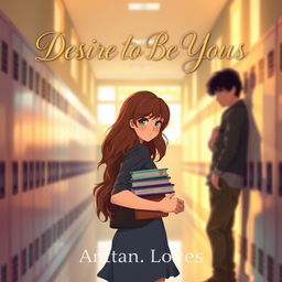 A romantic book cover illustration featuring a blurred school hallway bathed in warm afternoon light filtering through high windows, creating a cozy atmosphere with muted pastel lockers in the background