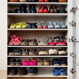 A neat and organized shoe rack filled with a variety of shoes in different styles and colors.