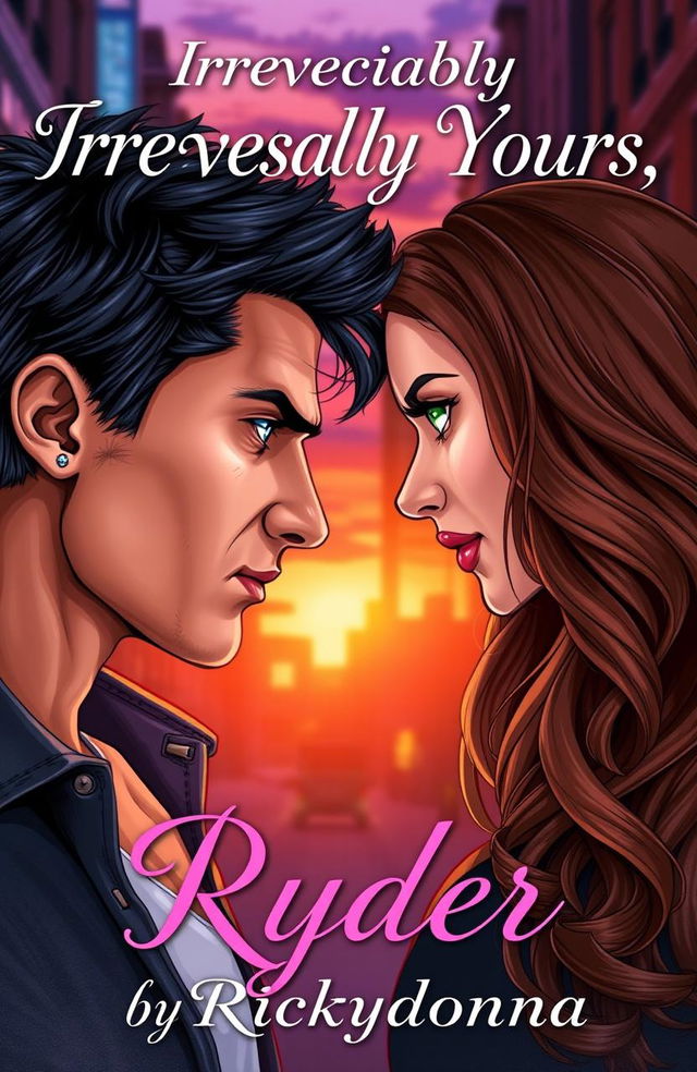 A captivating book cover illustration featuring a man and a woman facing each other with intense love-hate glances, showcasing their emotional struggle