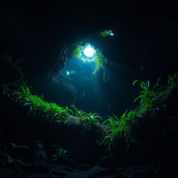 A mysterious cave interior with lush vegetation growing along the damp walls, viewed from the bottom looking up