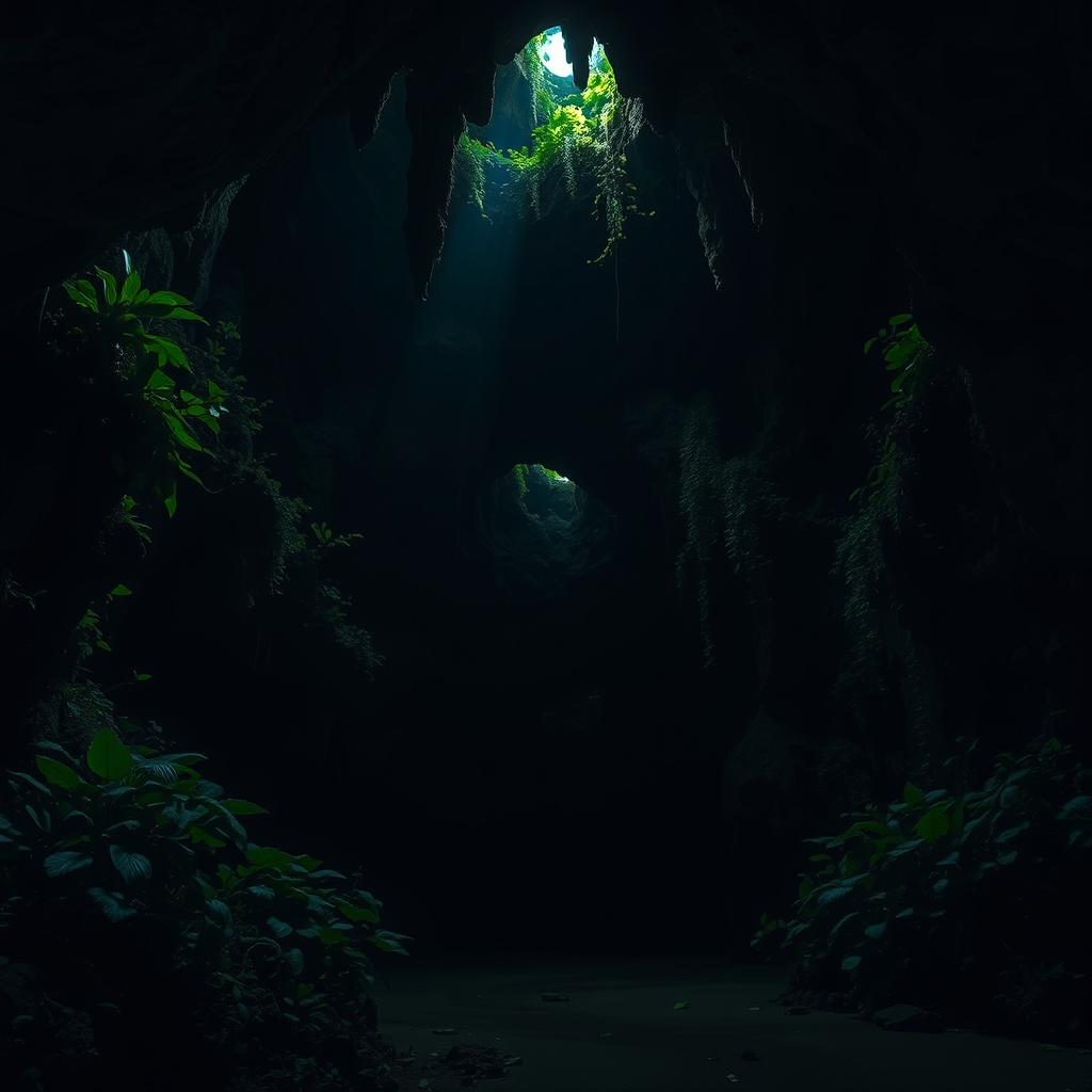 A mysterious cave interior with lush vegetation growing along the damp walls, viewed from the bottom looking up