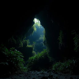 A mysterious cave interior with lush vegetation growing along the damp walls, viewed from the bottom looking up