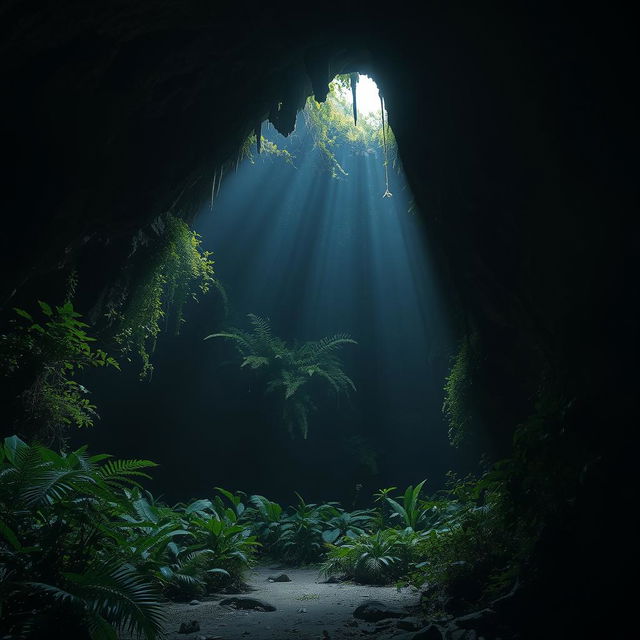 A mysterious cave interior with lush vegetation growing along the damp walls, viewed from the bottom looking up