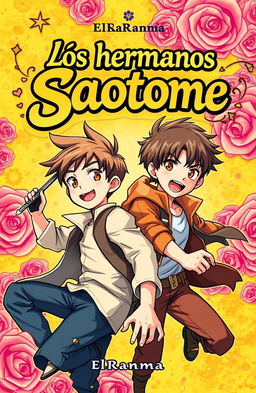 A captivating book cover design for 'Los hermanos Saotome' by ElRanma, featuring dynamic and colorful illustrations of two brothers, seamlessly blending elements of adventure and camaraderie