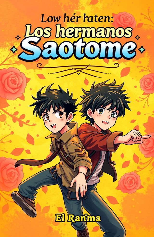 A captivating book cover design for 'Los hermanos Saotome' by ElRanma, featuring dynamic and colorful illustrations of two brothers, seamlessly blending elements of adventure and camaraderie