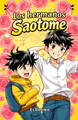 A captivating book cover design for 'Los hermanos Saotome' by ElRanma, featuring dynamic and colorful illustrations of two brothers, seamlessly blending elements of adventure and camaraderie