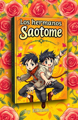 A captivating book cover design for 'Los hermanos Saotome' by ElRanma, featuring dynamic and colorful illustrations of two brothers, seamlessly blending elements of adventure and camaraderie