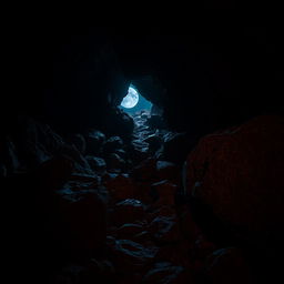 A dark and atmospheric cave scene featuring rugged rocks and boulders in a gloomy night setting