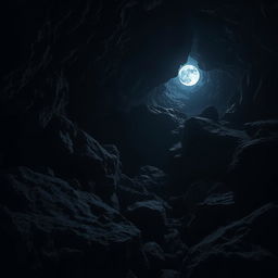 A dark and atmospheric cave scene featuring rugged rocks and boulders in a gloomy night setting