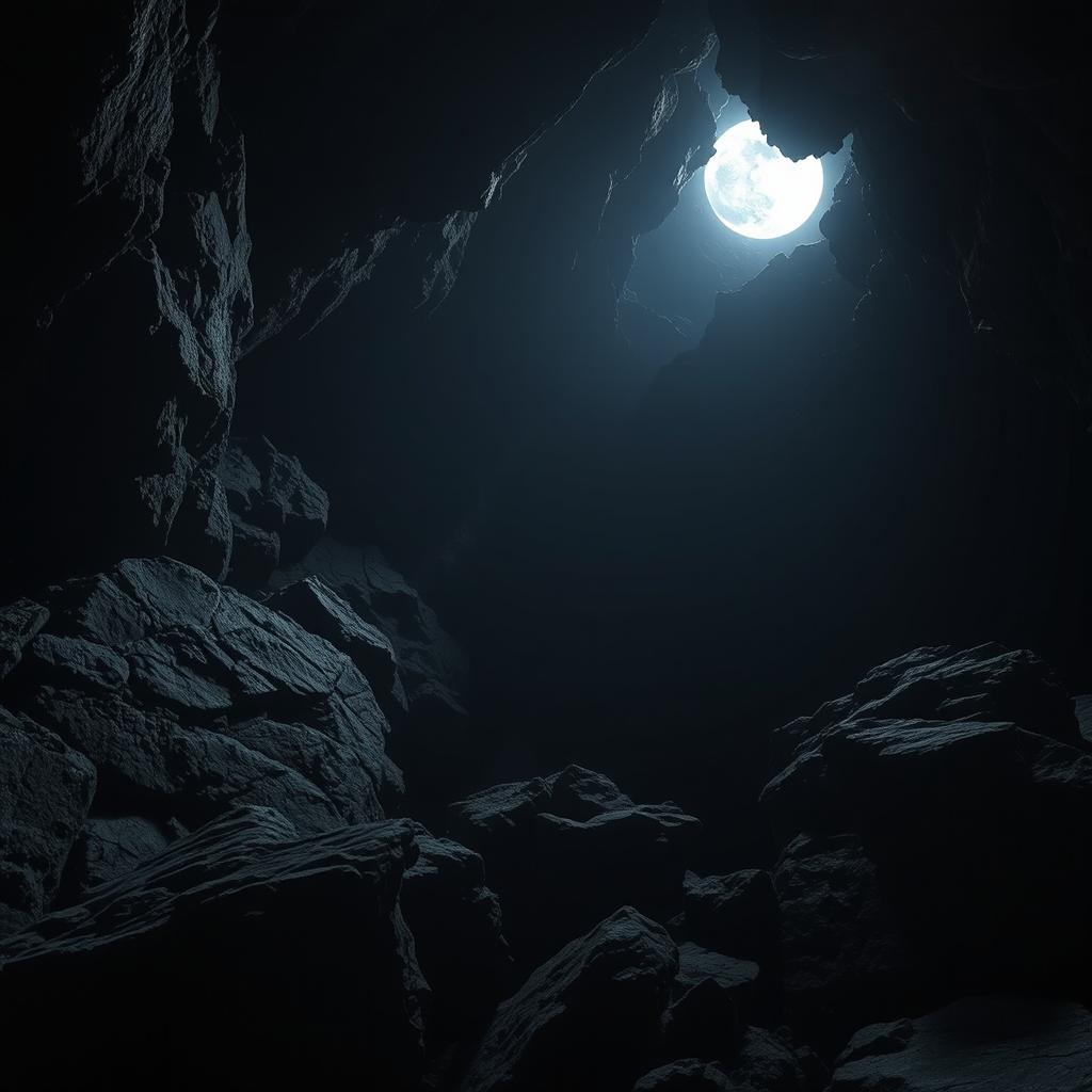 A dark and atmospheric cave scene featuring rugged rocks and boulders in a gloomy night setting