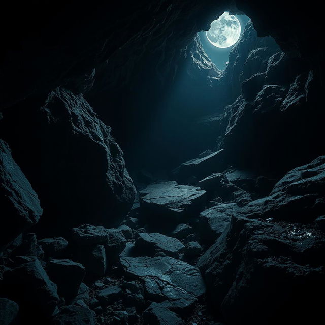 A dark and atmospheric cave scene featuring rugged rocks and boulders in a gloomy night setting