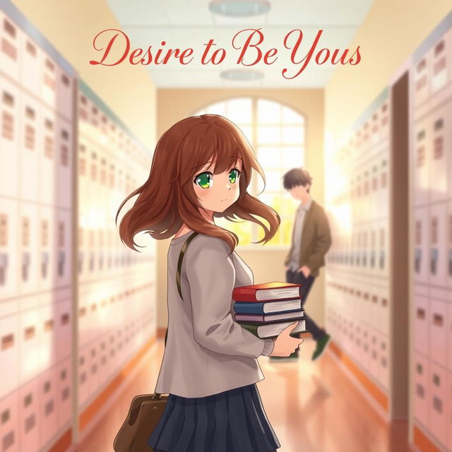 A beautifully illustrated book cover depicting a cozy school hallway with blurred backgrounds, featuring muted pastel lockers and warm afternoon light streaming through high windows