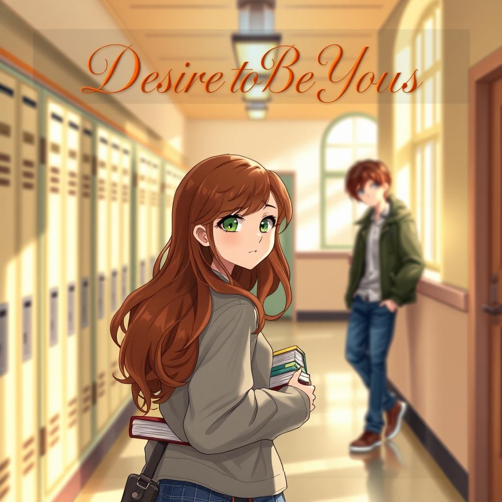 A beautifully illustrated book cover depicting a cozy school hallway with blurred backgrounds, featuring muted pastel lockers and warm afternoon light streaming through high windows