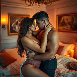 A sensual and intimate scene showcasing two adults in a romantic embrace, surrounded by soft, warm lighting