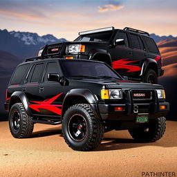 A customized 1995 Nissan Pathfinder featuring a wide body kit, painted in glossy black with striking red accents