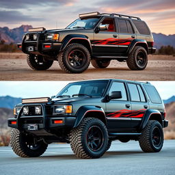 A customized 1995 Nissan Pathfinder featuring a wide body kit, painted in glossy black with striking red accents