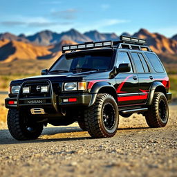 A customized 1995 Nissan Pathfinder featuring a wide body kit, painted in glossy black with striking red accents