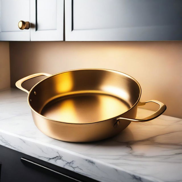 A lavish golden frying pan, gleaming under warm kitchen lighting.