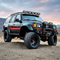 A customized 1995 Nissan Pathfinder featuring a wide body kit, painted in glossy black with striking red accents