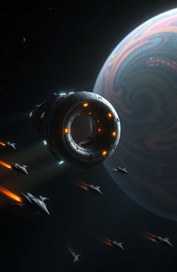 In the foreground, a large donut-shaped mother ship glides through the dark expanse of space, illuminated by glowing lights and intricate mechanical details