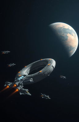 In the foreground, a large donut-shaped mother ship glides through the dark expanse of space, illuminated by glowing lights and intricate mechanical details