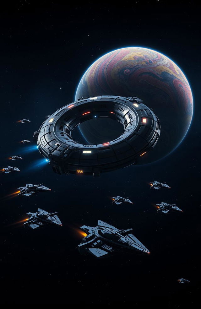 In the foreground, a large donut-shaped mother ship glides through the dark expanse of space, illuminated by glowing lights and intricate mechanical details