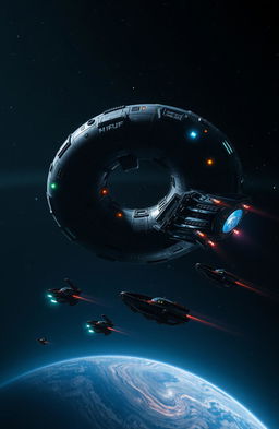 In the foreground, a large donut-shaped mother ship glides through the dark expanse of space, illuminated by glowing lights and intricate mechanical details