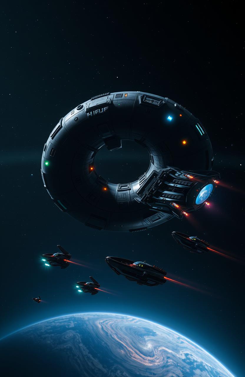 In the foreground, a large donut-shaped mother ship glides through the dark expanse of space, illuminated by glowing lights and intricate mechanical details