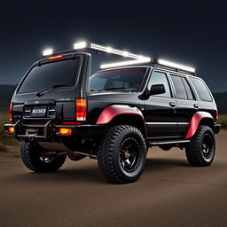 A powerful 1995 Nissan Pathfinder modified with a wide body kit, finished in a stunning shiny gloss black paint, and accented with striking red highlights