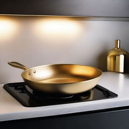 A lavish golden frying pan, gleaming under warm kitchen lighting.