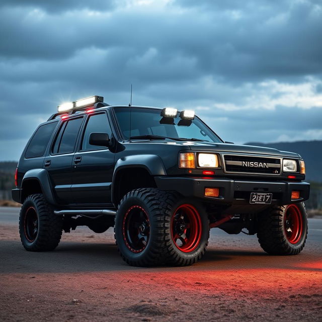 A powerful 1995 Nissan Pathfinder modified with a wide body kit, finished in a stunning shiny gloss black paint, and accented with striking red highlights