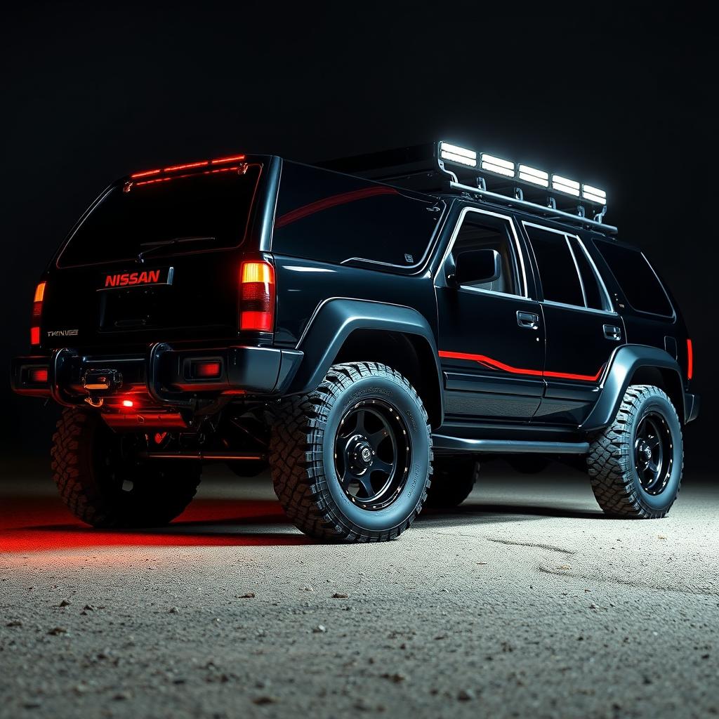 A powerful 1995 Nissan Pathfinder modified with a wide body kit, finished in a stunning shiny gloss black paint, and accented with striking red highlights