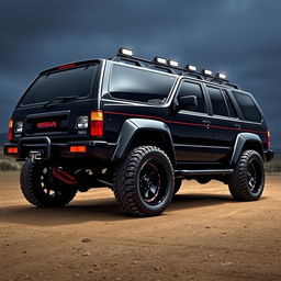 A powerful 1995 Nissan Pathfinder modified with a wide body kit, finished in a stunning shiny gloss black paint, and accented with striking red highlights