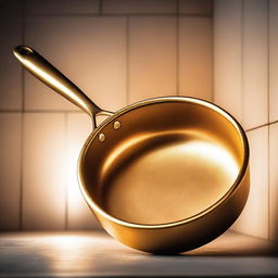 A lavish golden frying pan, gleaming under warm kitchen lighting.