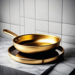 A lavish golden frying pan, gleaming under warm kitchen lighting.