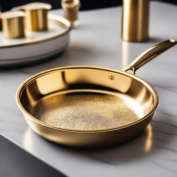 A luxurious frying pan made of sparkling diamonds and pure gold, gleaming in a polished, high-end kitchen setting.